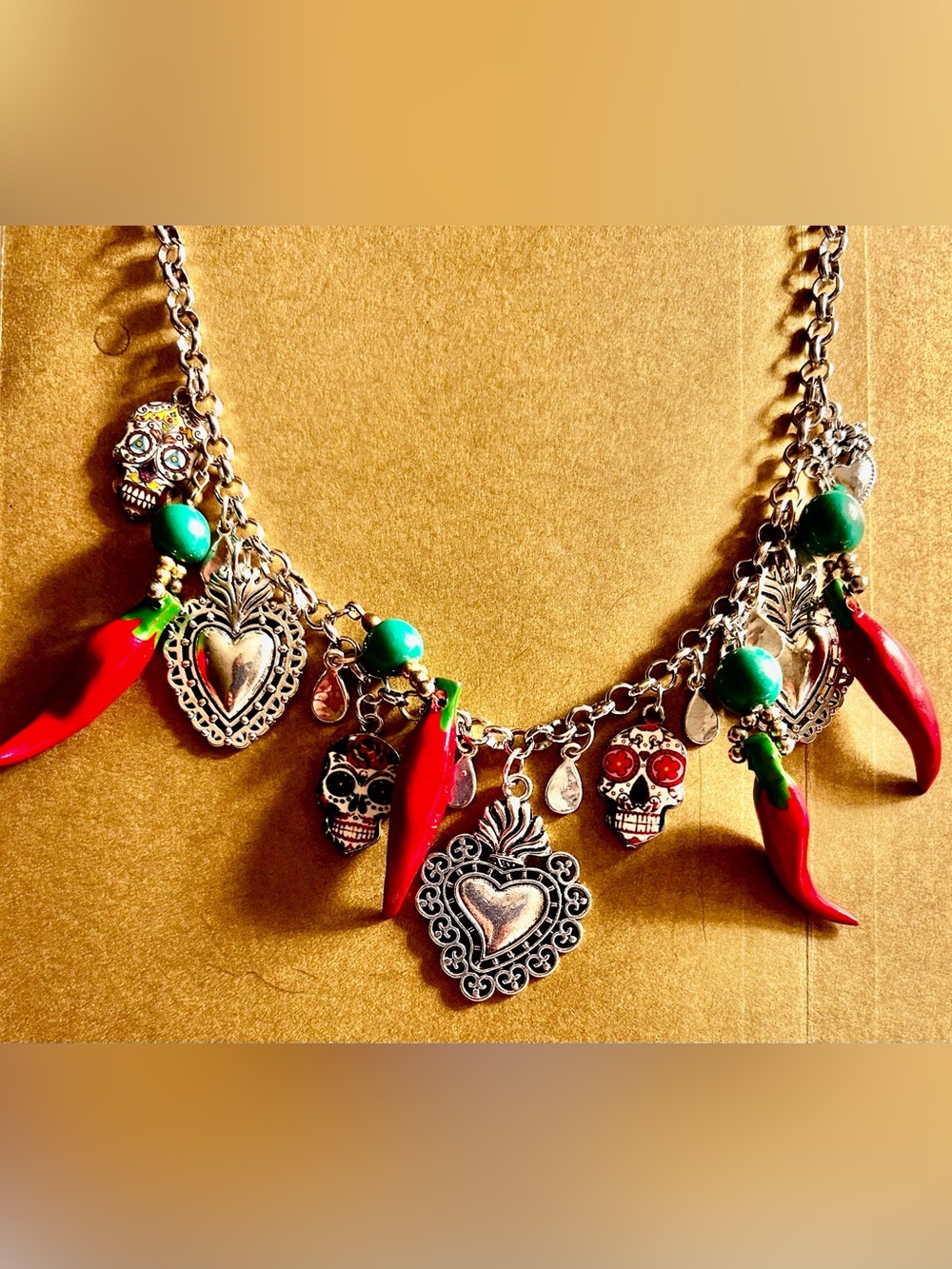 NWOT Charms Dia de Los Muertos necklace heart Milagros, Chili Peppers, skulls